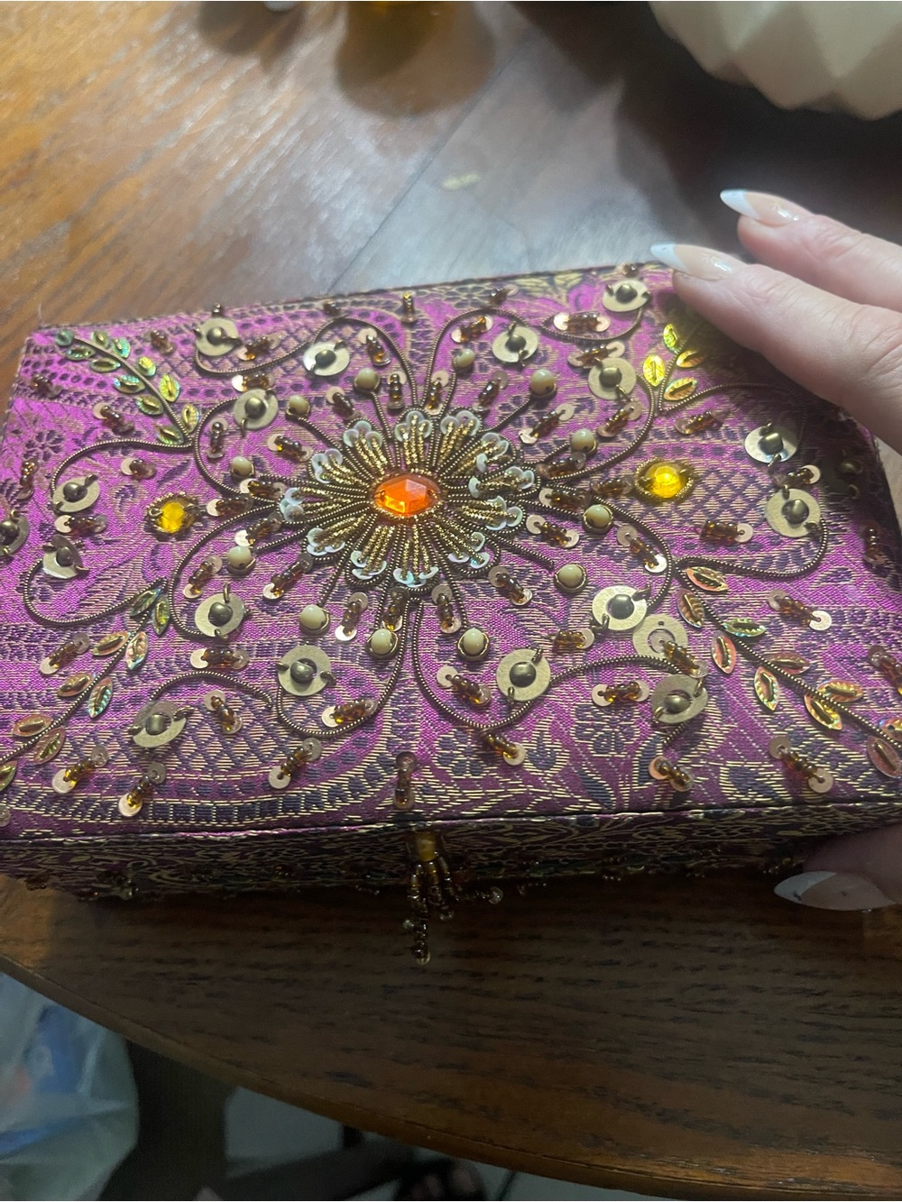 Embellished Pink and amber color Beaded jewelry storage box